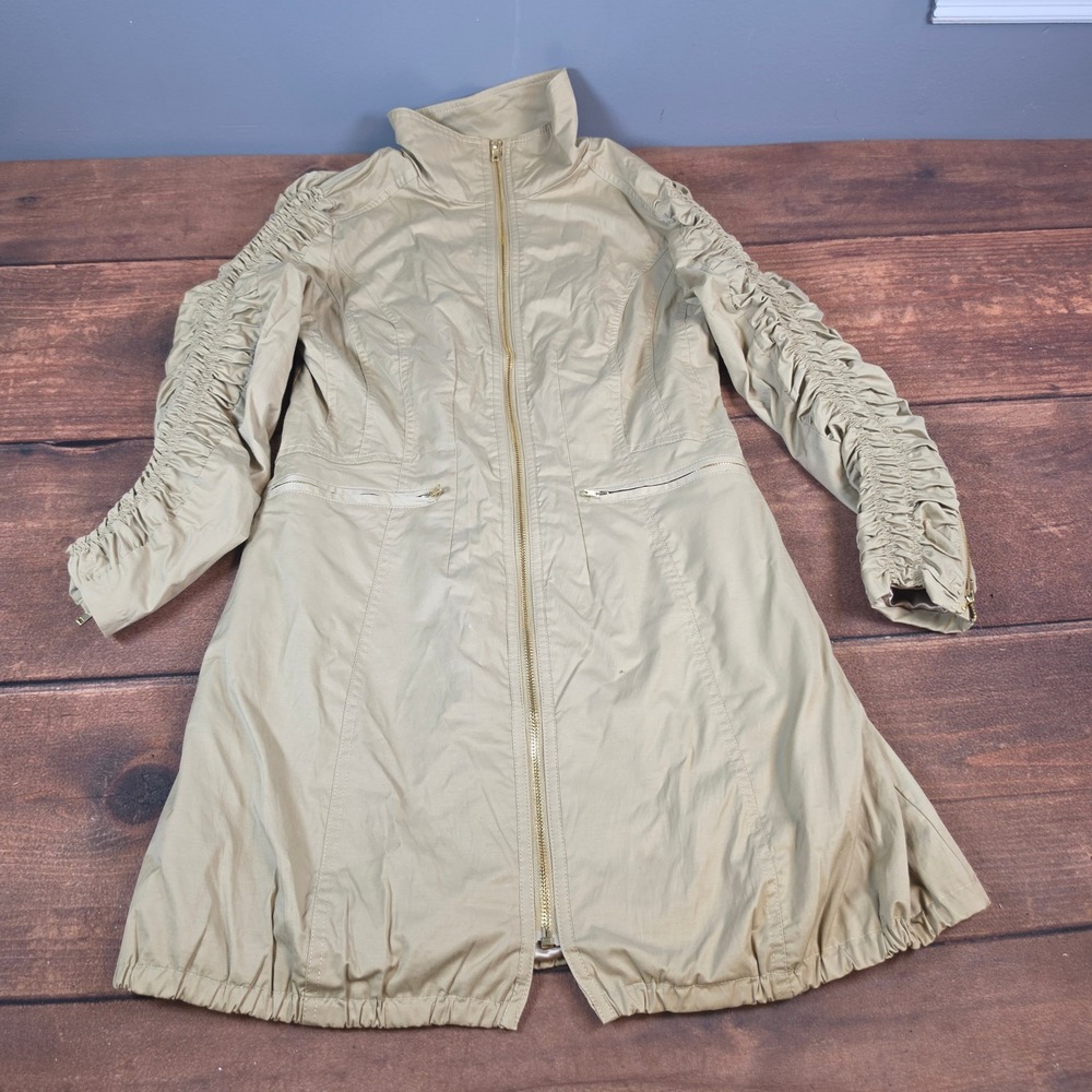 Ciao Milano Trench Coat Women Small Tan Excellent Ruched Sleeve Zip Front Jacket